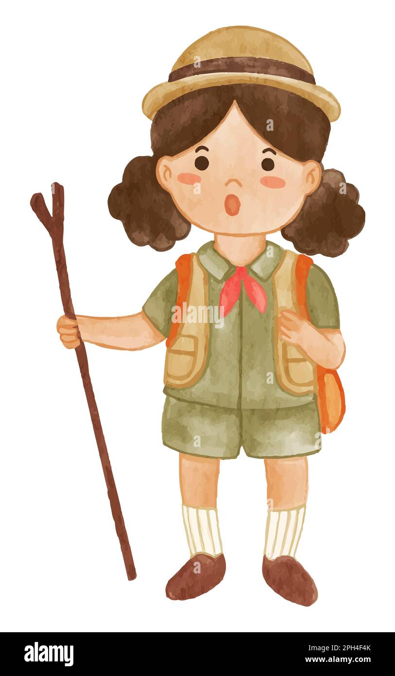 Girl scout with hiking suit hold scout stave . Realistic watercolor paint with paper textured . Cartoon character design . Vector . Stock Vector