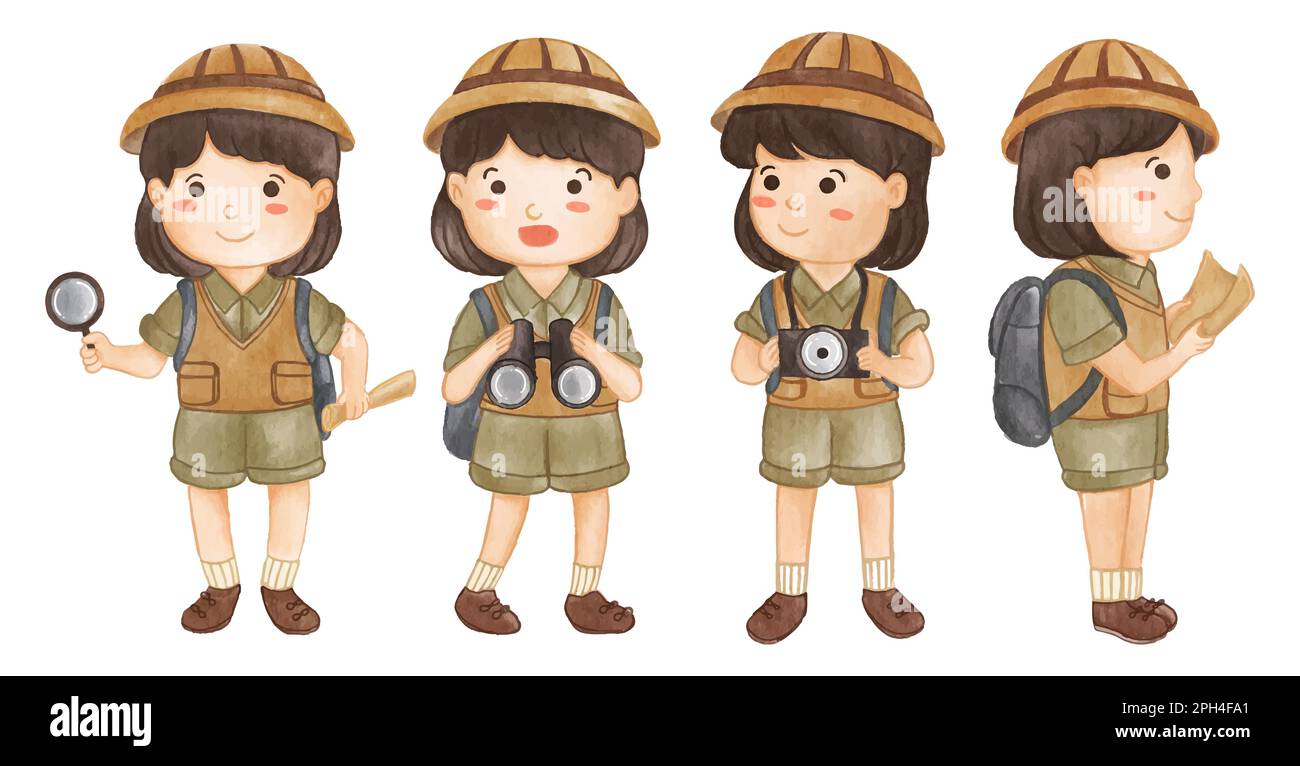 Collection of Girl scout with hiking suit . Realistic watercolor paint with paper textured . Cartoon character design . Vector . Stock Vector