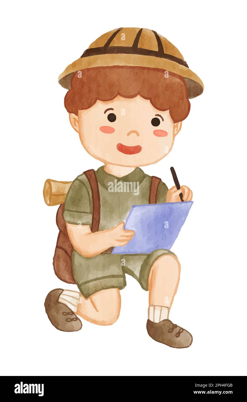 Boy scout with hiking suit is take note on paper . Realistic watercolor paint with paper textured . Cartoon character design . Vector . Stock Vector