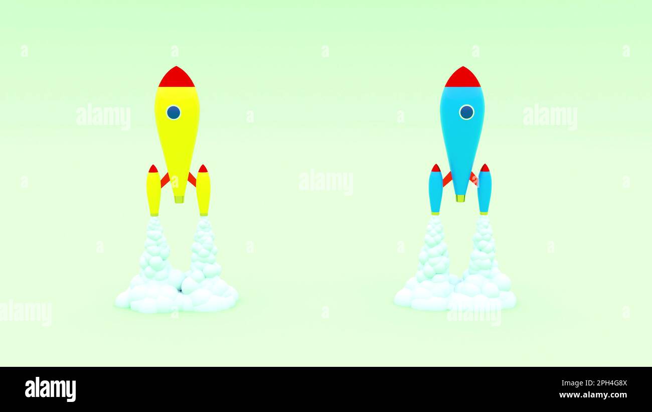 Launch of two yellow and blue rockets 3d render Stock Photo - Alamy