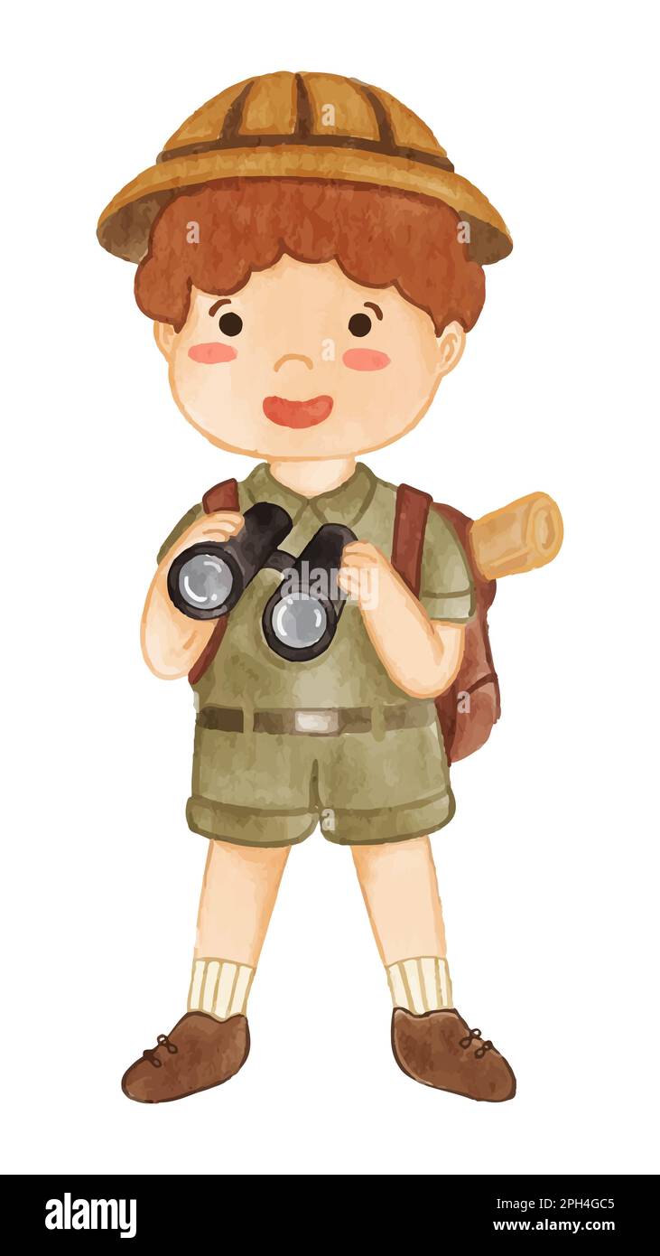 Boy scout with hiking suit look through binoculars . Realistic watercolor paint with paper textured . Cartoon character design . Vector . Stock Vector