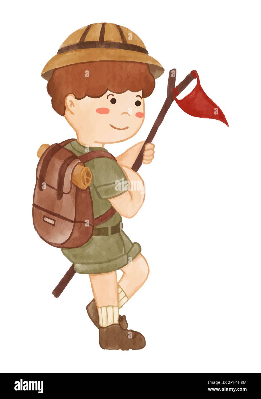 Boy scout with hiking suit hold flag stick . Realistic watercolor paint with paper textured . Cartoon character design . Vector . Stock Vector