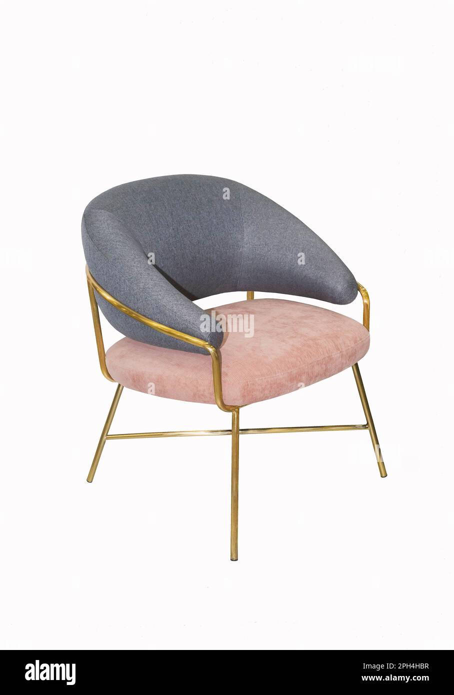 Comfortable armchair with golden legs on white background. Interior