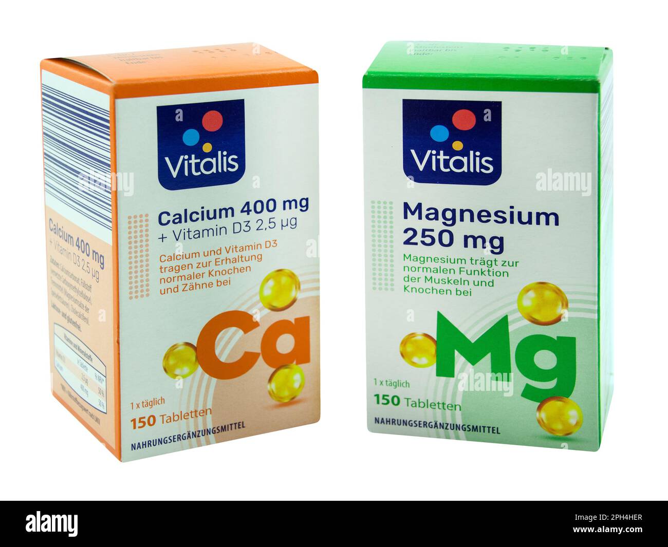 Magnesium und Calcium Nahrungsergänzung und Verpackung Vitalis Stock