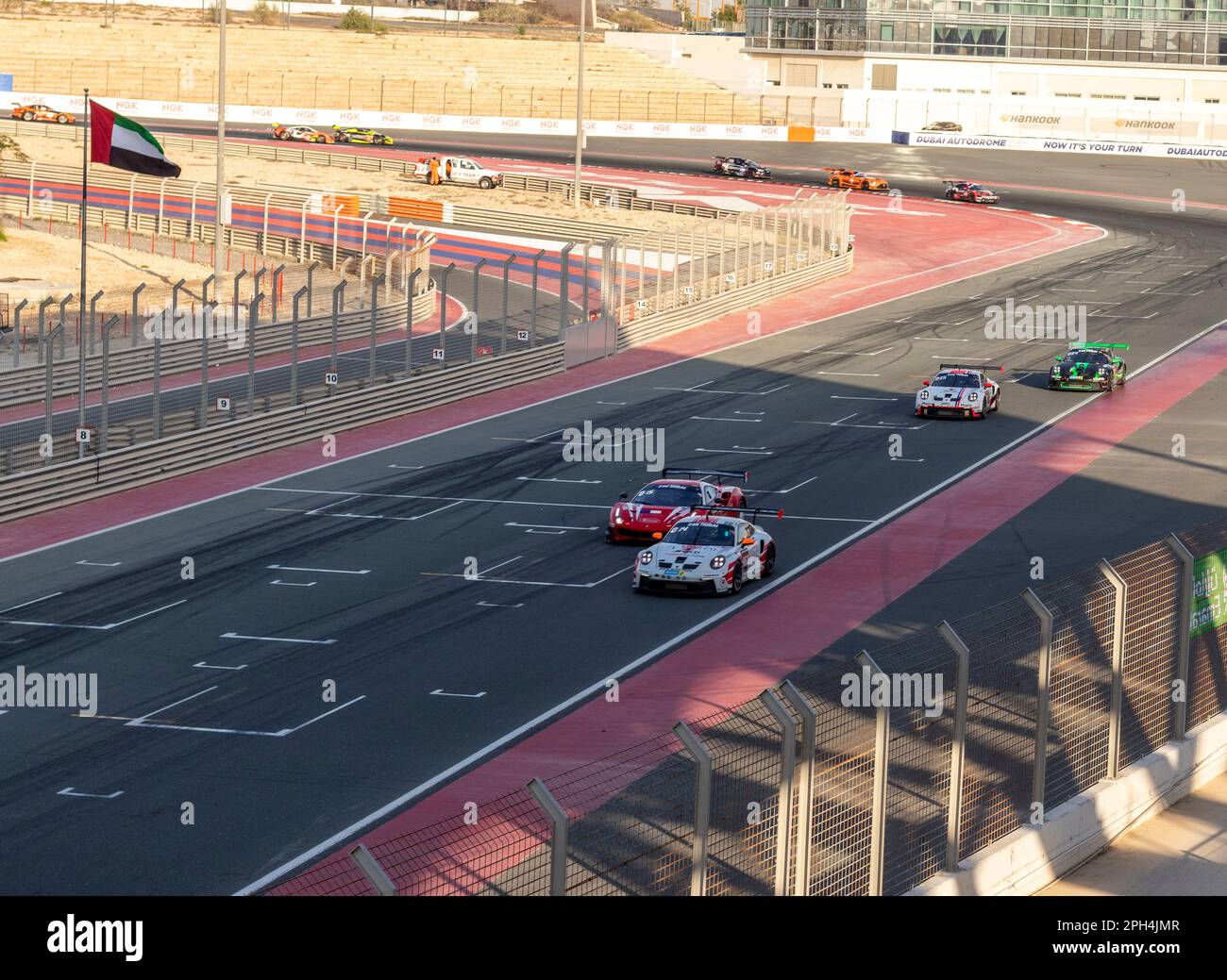 Dubai, UAE 01.14.2023 Racing cars on Dubai Autodrome circuit during Hankook 24 hours