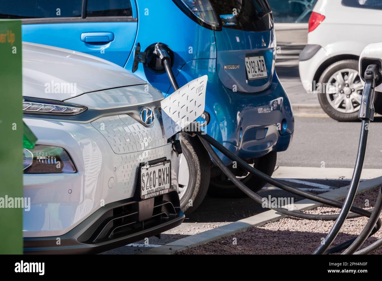 Adelaide, South Australia August 23, 2019 Cars connected to EV charging station in Adelaide