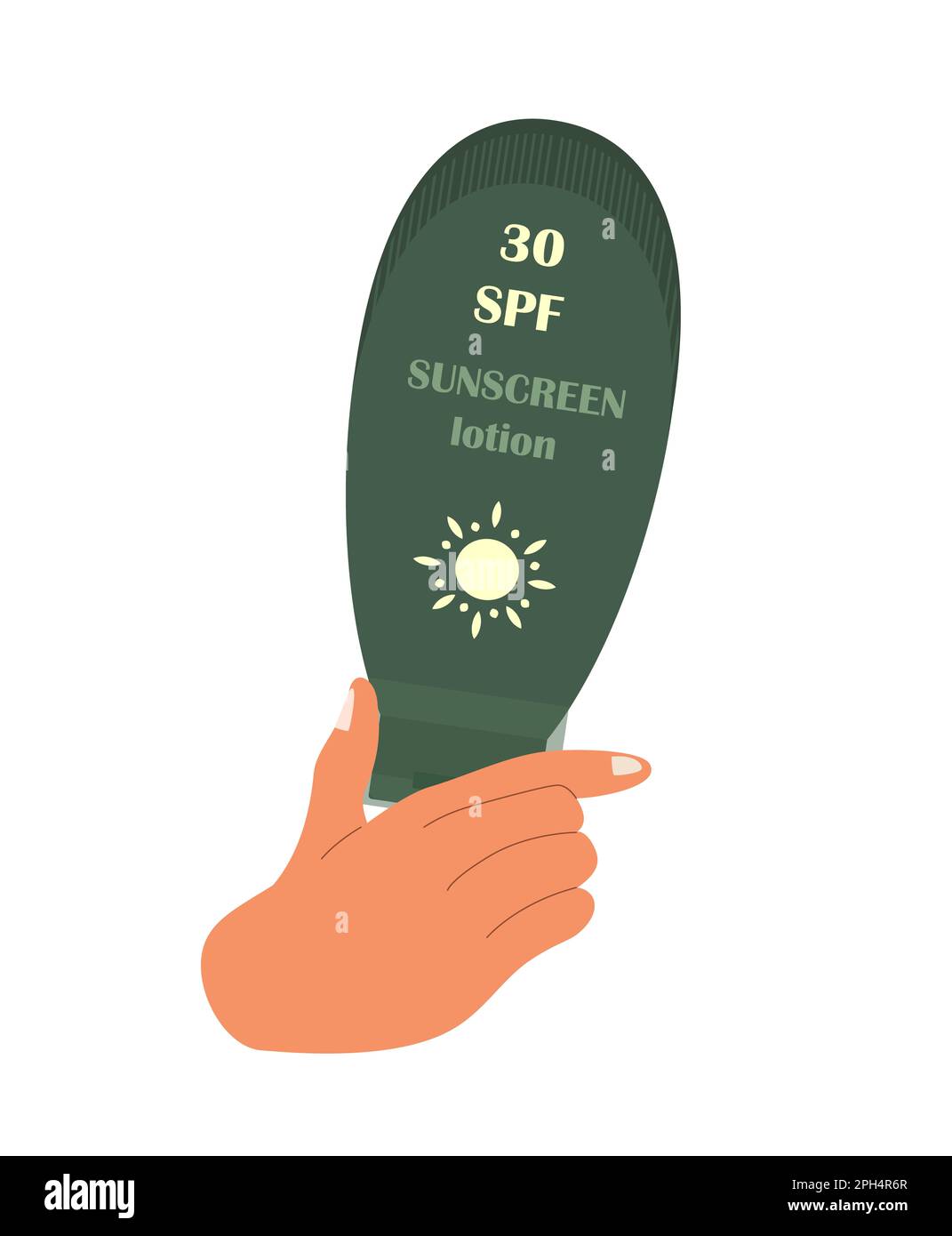 Hand holding Green Bottle Tube of Sunscreen Lotion.Calming Moisturizing