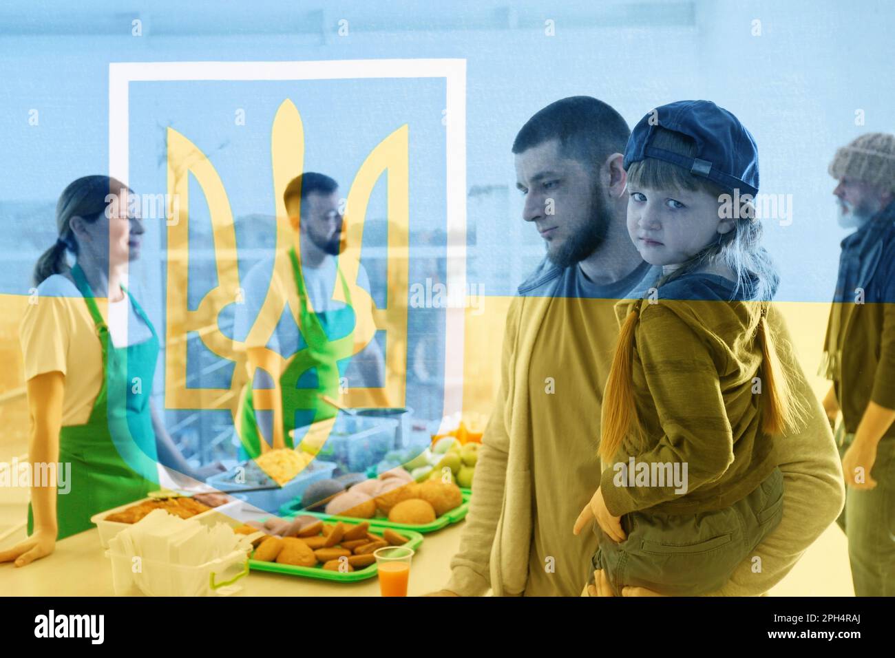 Double exposure of refugees receiving food from volunteers and Ukrainian flag. Help during war Stock Photo