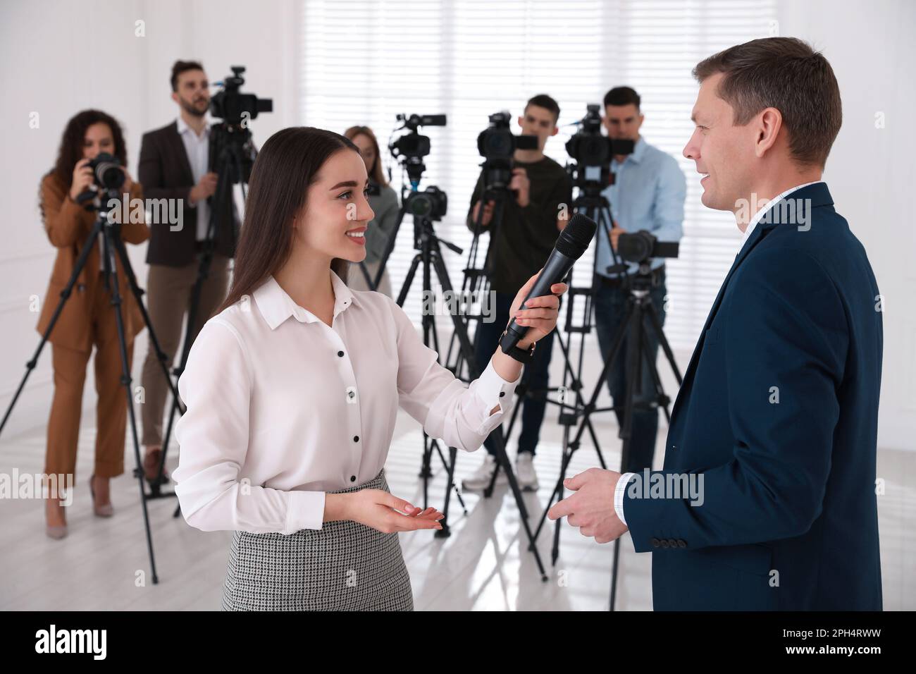Professional young journalist interviewing businessman and group of