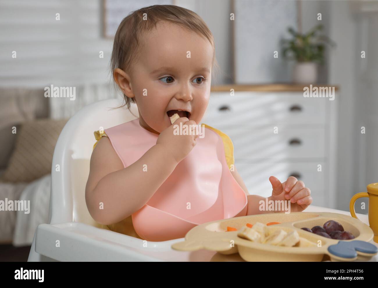 Cute little baby wearing bib while eating at home Stock Photo - Alamy