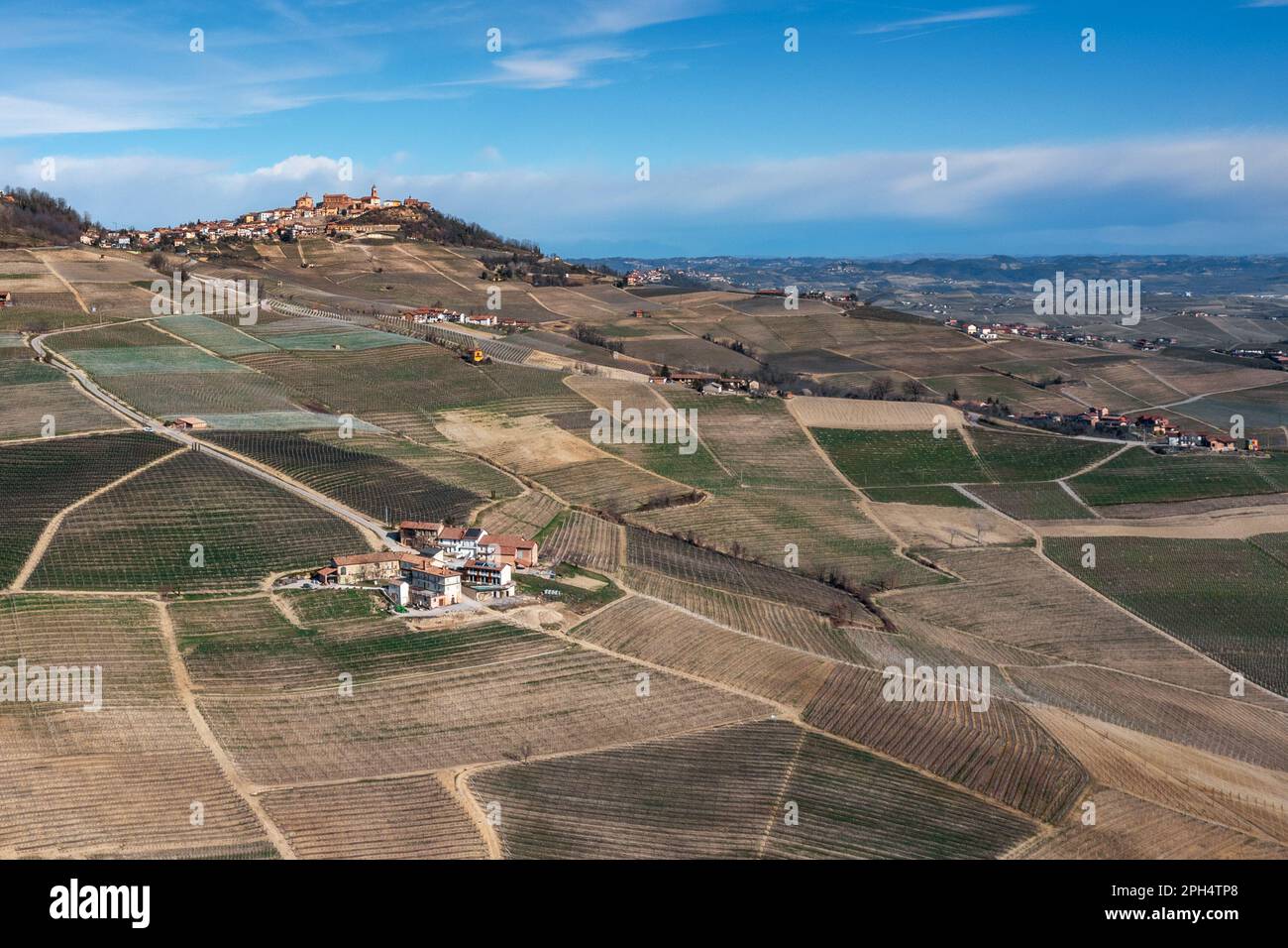 A view of the vineyards in the Italian Piedmont and the hilltop village of La Morra Stock Photo