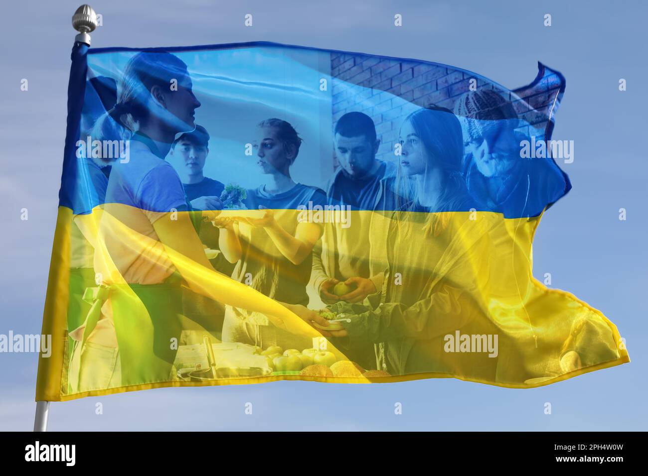 Double exposure of Ukrainian flag outdoors on sunny day and refugees receiving food from volunteers. Help during war Stock Photo