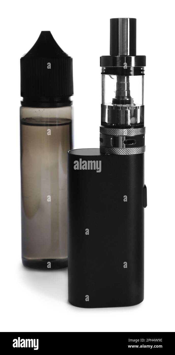 Electronic cigarette and vaping liquid on white background Stock Photo