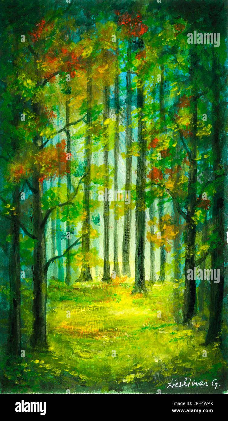 The enchanted forest. Acrylic painting. Morning Forest landscape