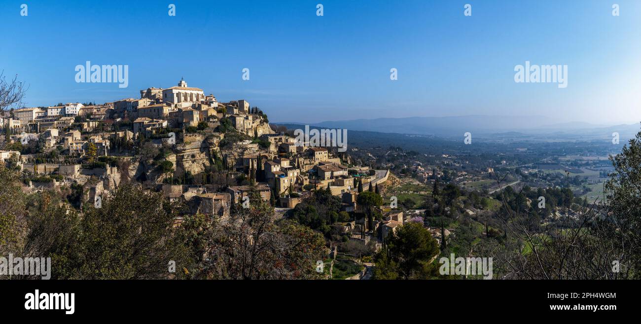 Gordes, France - 6 March, 2023: panorama view of the village of Gordes in the Haute Provence region of southern France Stock Photo