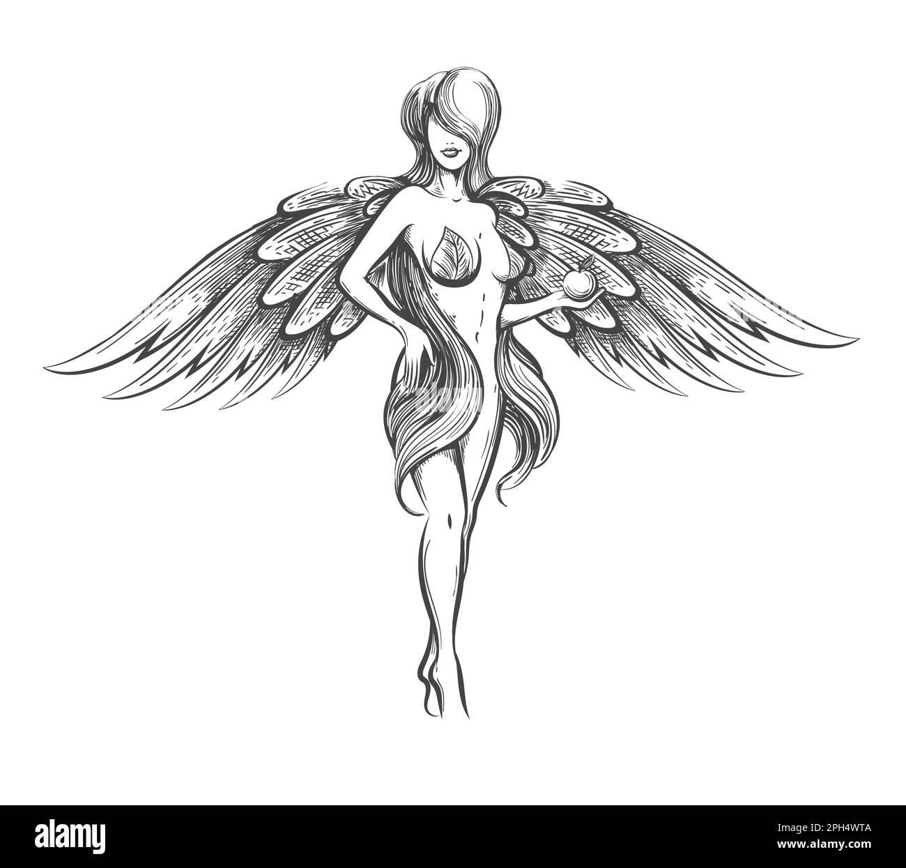 Tattoo of woman with wings holding apple isolated on white background. Vector illustration. Stock Vector