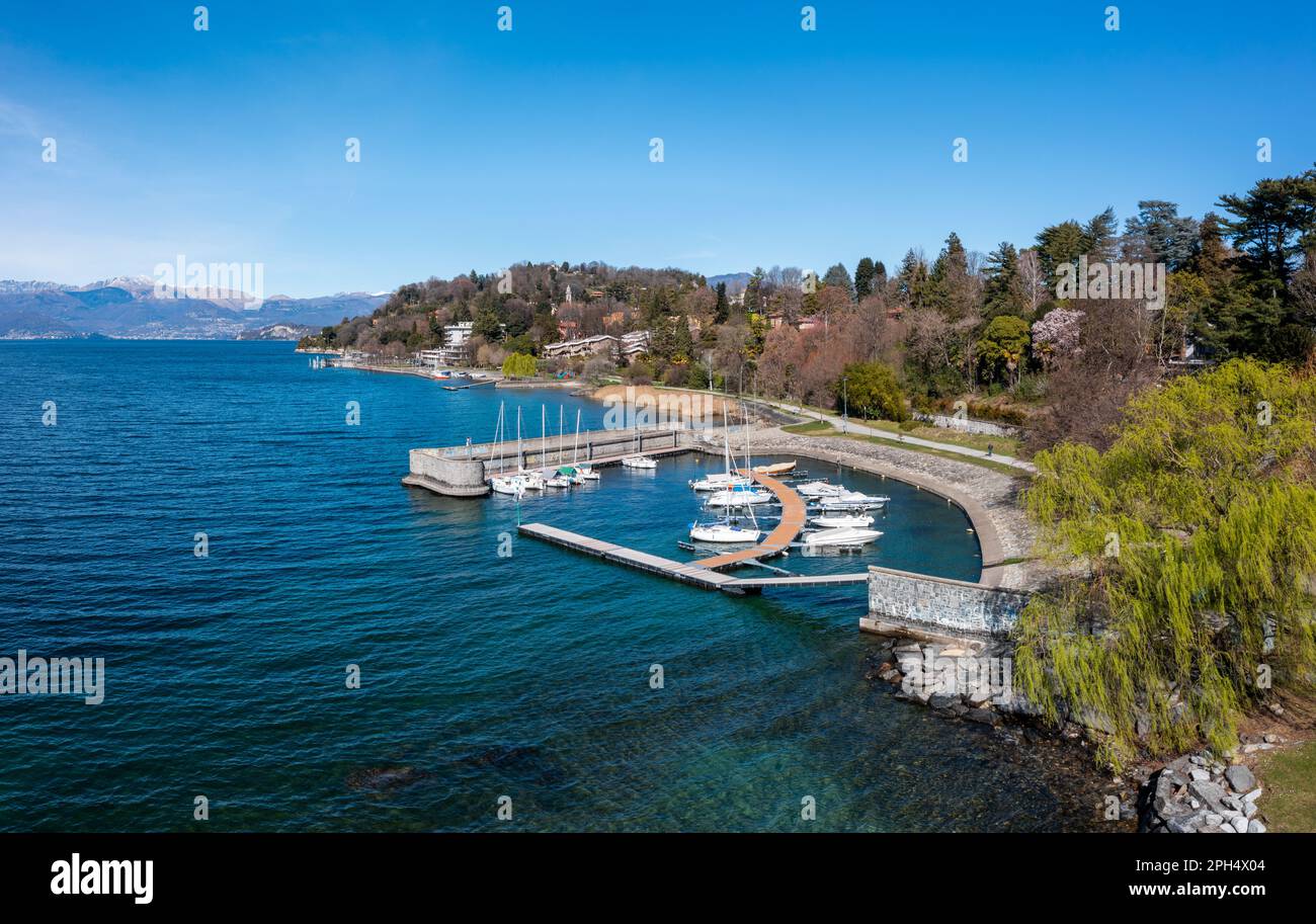 A high angle view of the small harbor and marina in Ispra on the shores of Lake Maggiore Stock Photo