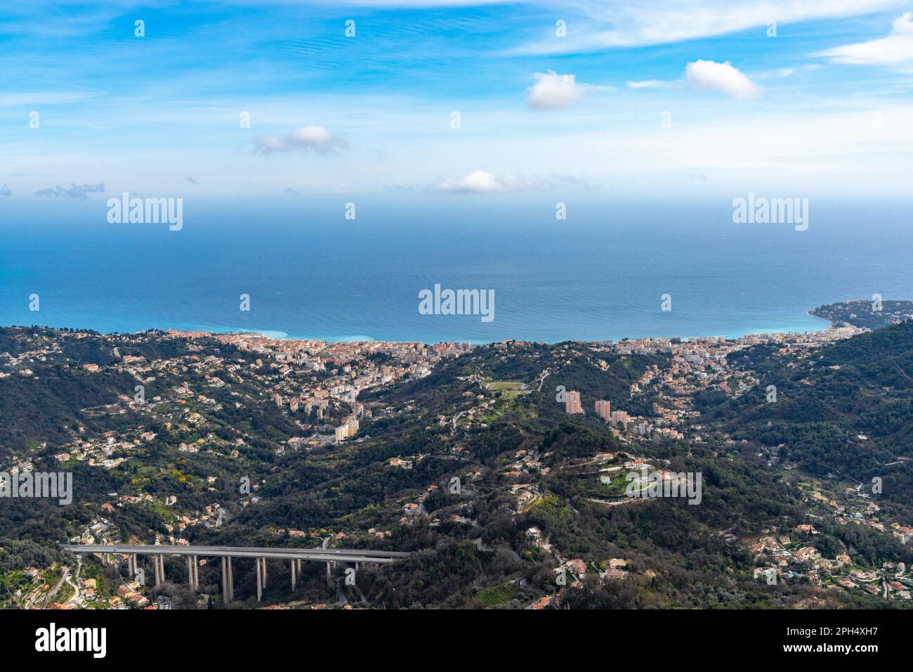 Landscape view of the Mediterranean Coast and the towns of Menton and Cape Martin in southern France with the La Provencal Highway Stock Photo