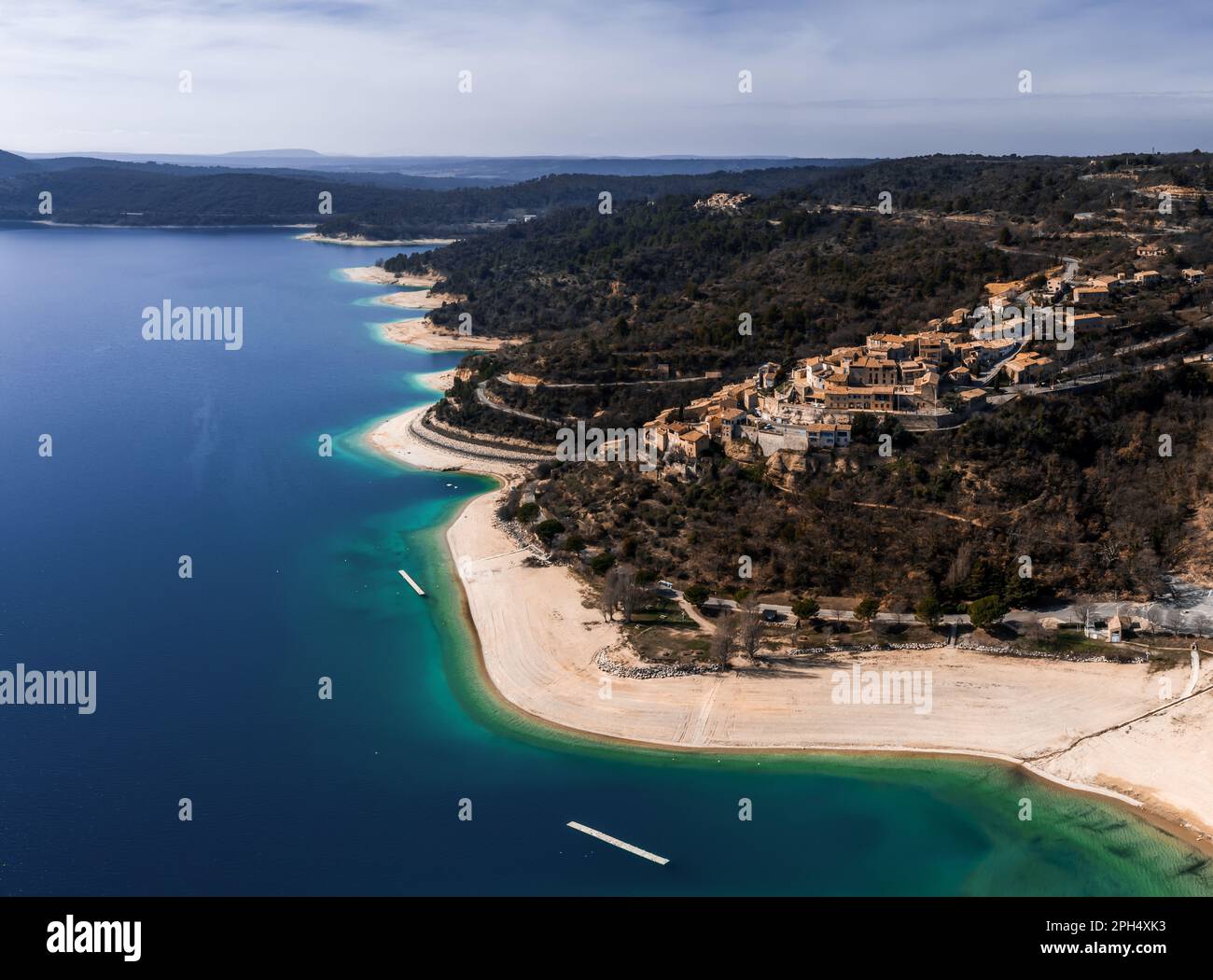 A drone view of the lake and village of Sainte-Croix-du-Verdon in the Haute Provence refion of France Stock Photo
