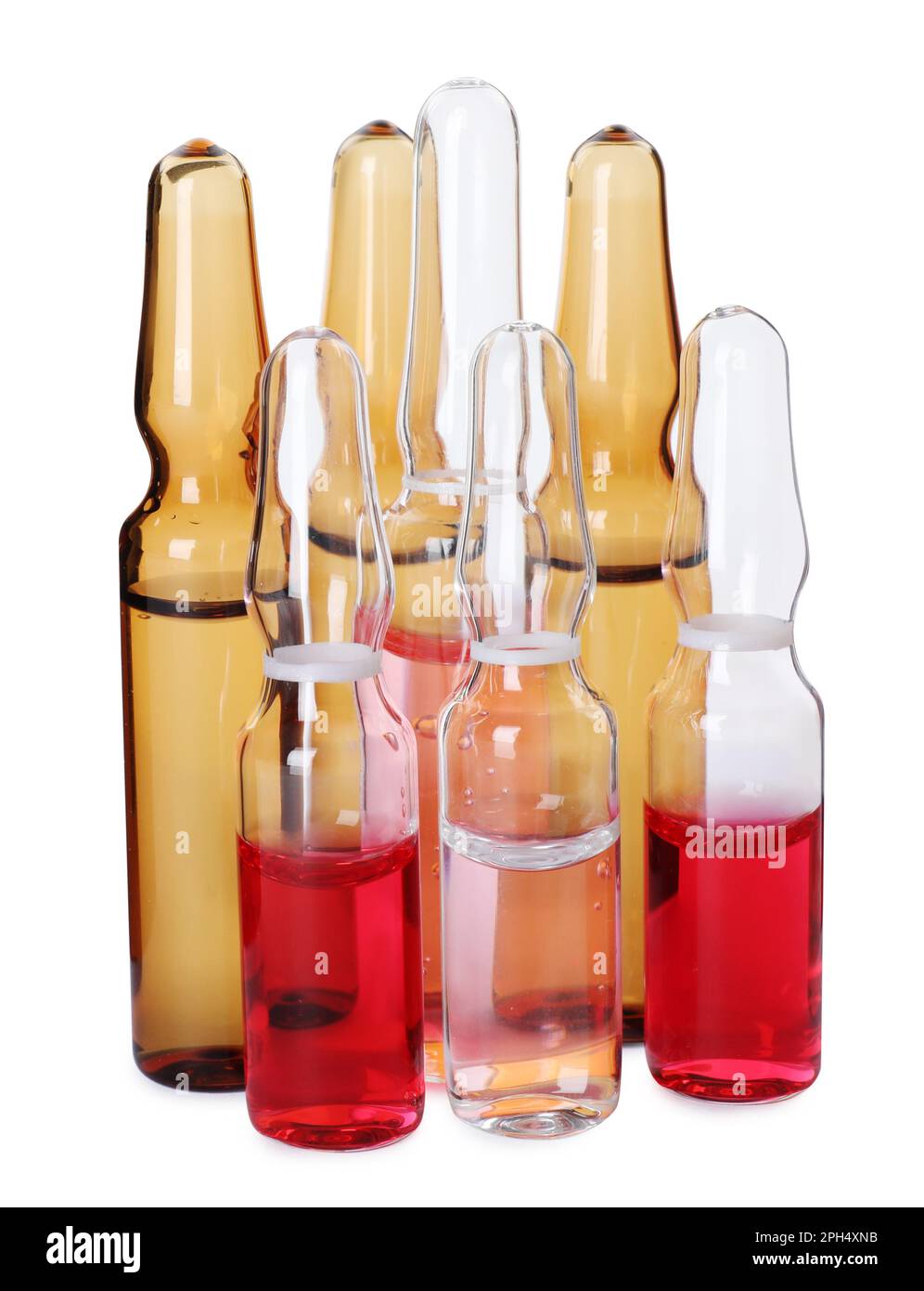 Glass ampoules with pharmaceutical products on white background Stock