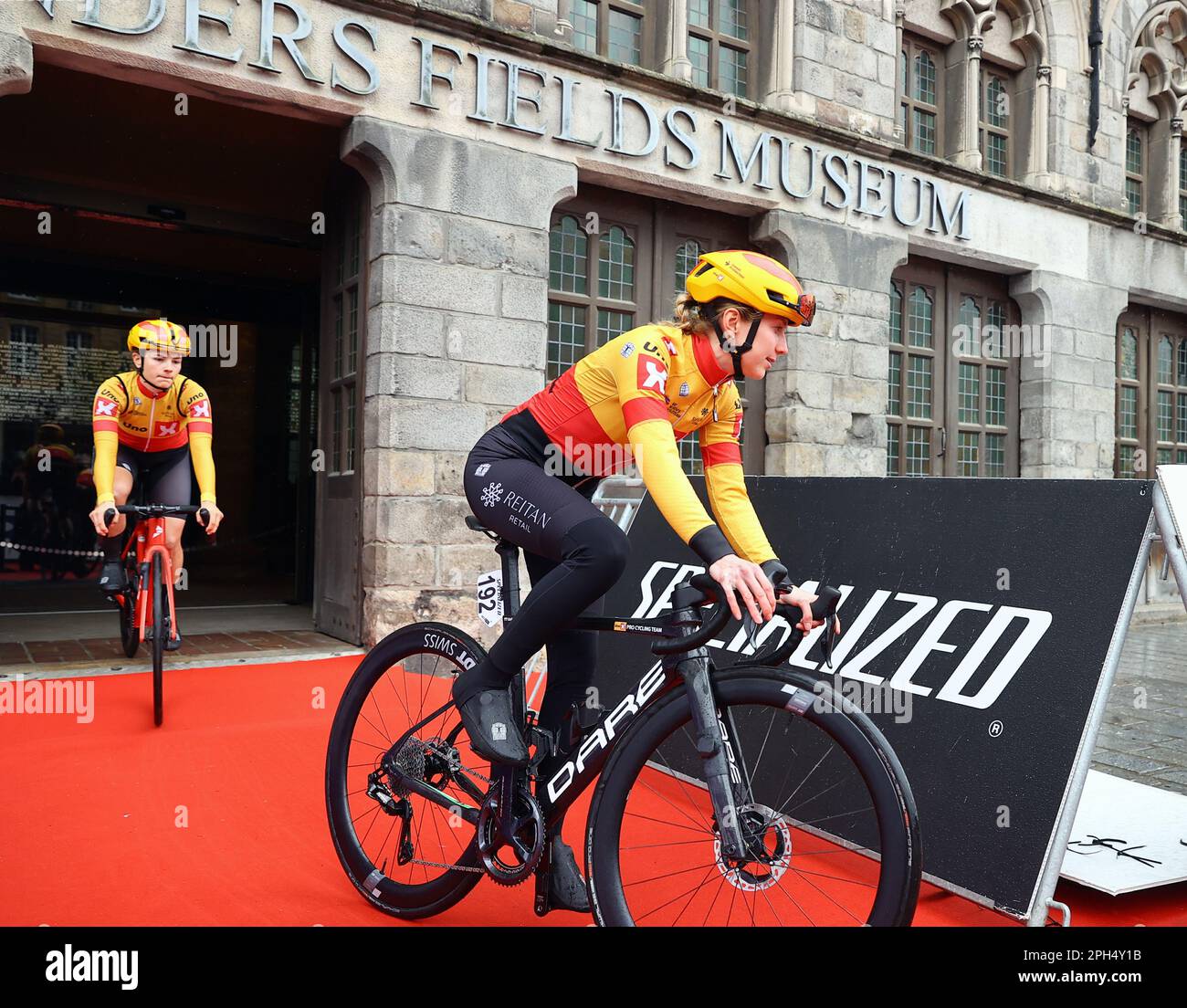 Wevelgem, Belgium. 26th Mar, 2023. British Elinor Barker of Uno-X Pro Cycling Team pictured during the presentation of riders, ahead of the women's Gent-Wevelgem - In Flanders Fields cycling race, 162, 5 km from Ieper to Wevelgem, Sunday 26 March 2023. BELGA PHOTO DAVID PINTENS Credit: Belga News Agency/Alamy Live News Stock Photo