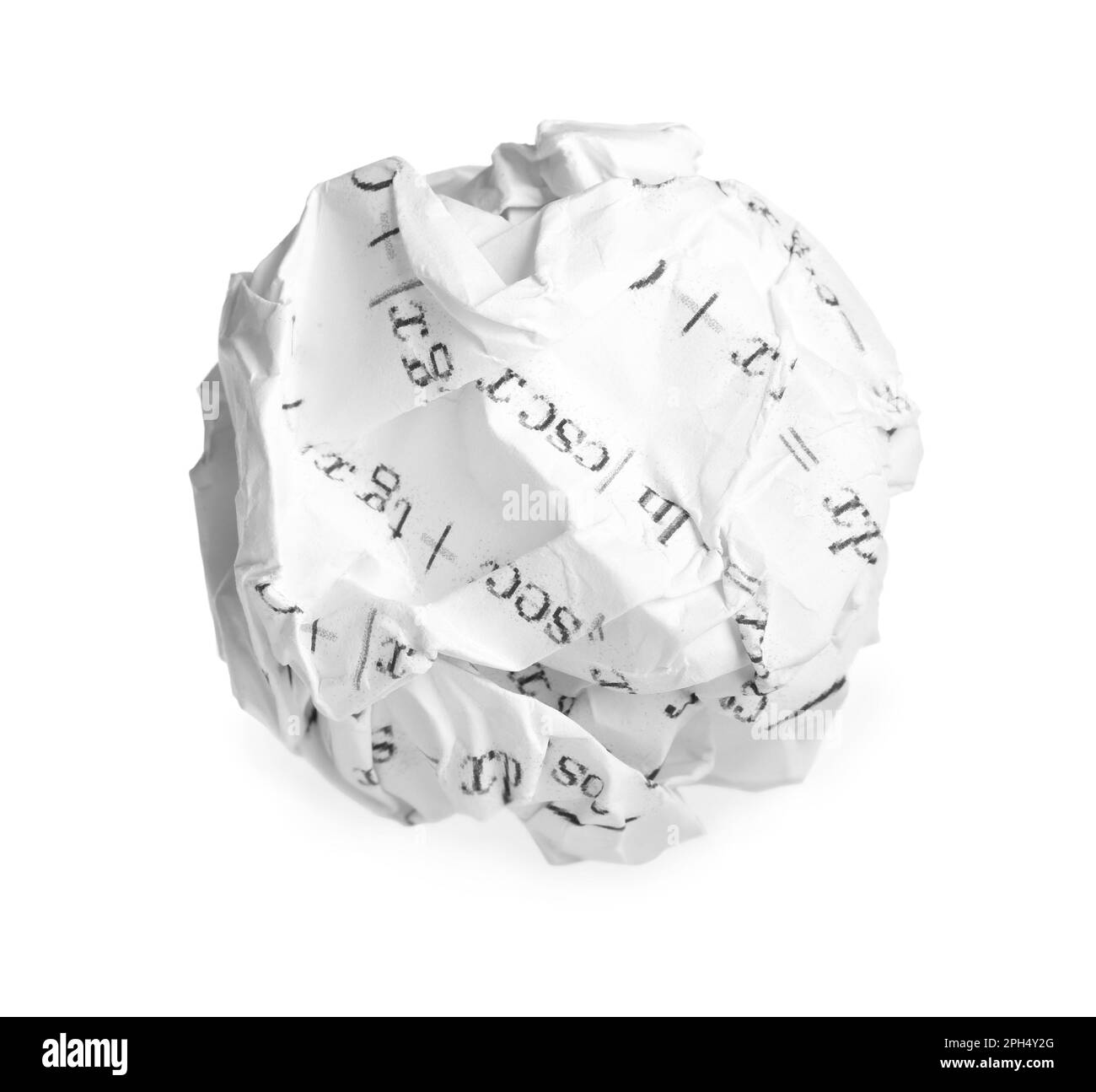 Crumpled sheet of paper with math equations isolated on white Stock