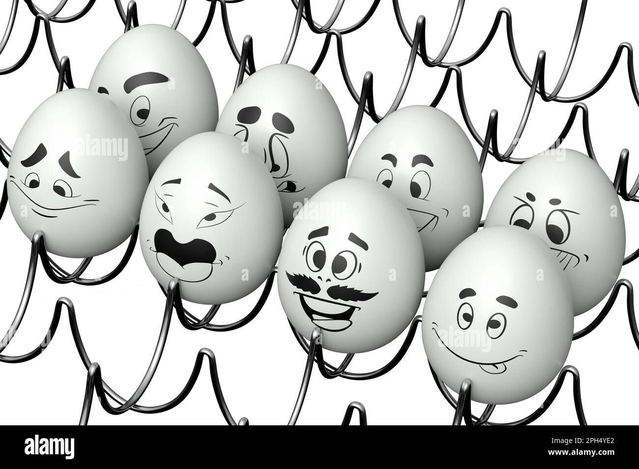 Farm white painted egg with expressions and funny face in metal wire ...