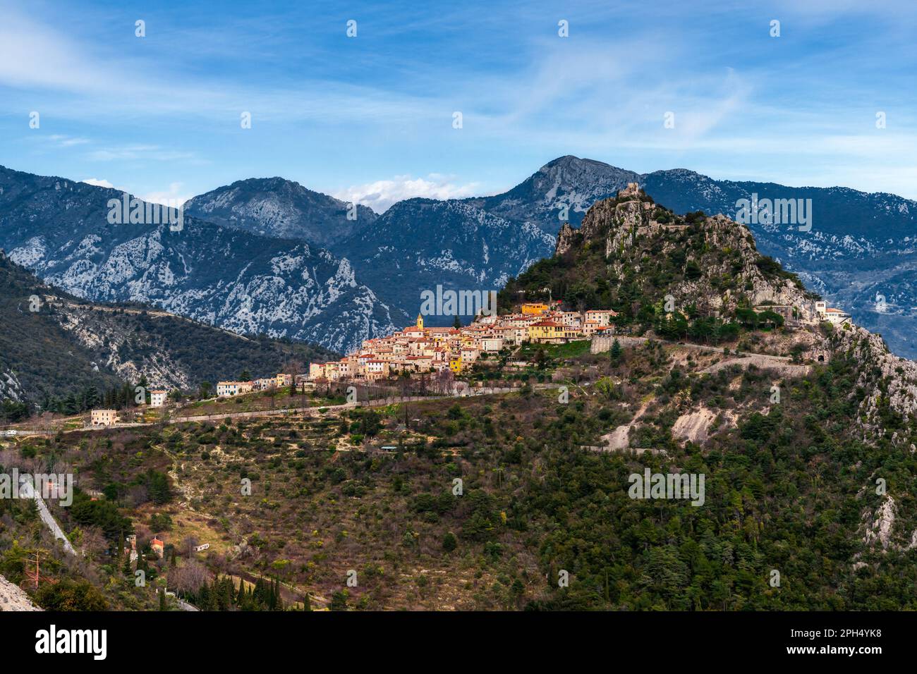 Landscape view of the idyllic coastal mountain village of Sainte-Agnes in the Alpes-Maritime region of the Cote d'Azur in southern France Stock Photo