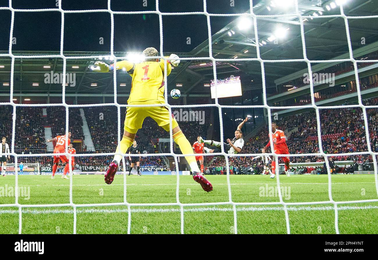 Serge Gnabry, DFB 10 shoots on goal, Pedro Gallese, goalkeeper Peru 1  in the friendly match GERMANY - PERU 2-0 Preparation for European Championships 2024 in Germany ,Season 2022/2023, on Mar 25, 2023  in Mainz, Germany.  © Peter Schatz / Alamy Live News Stock Photo