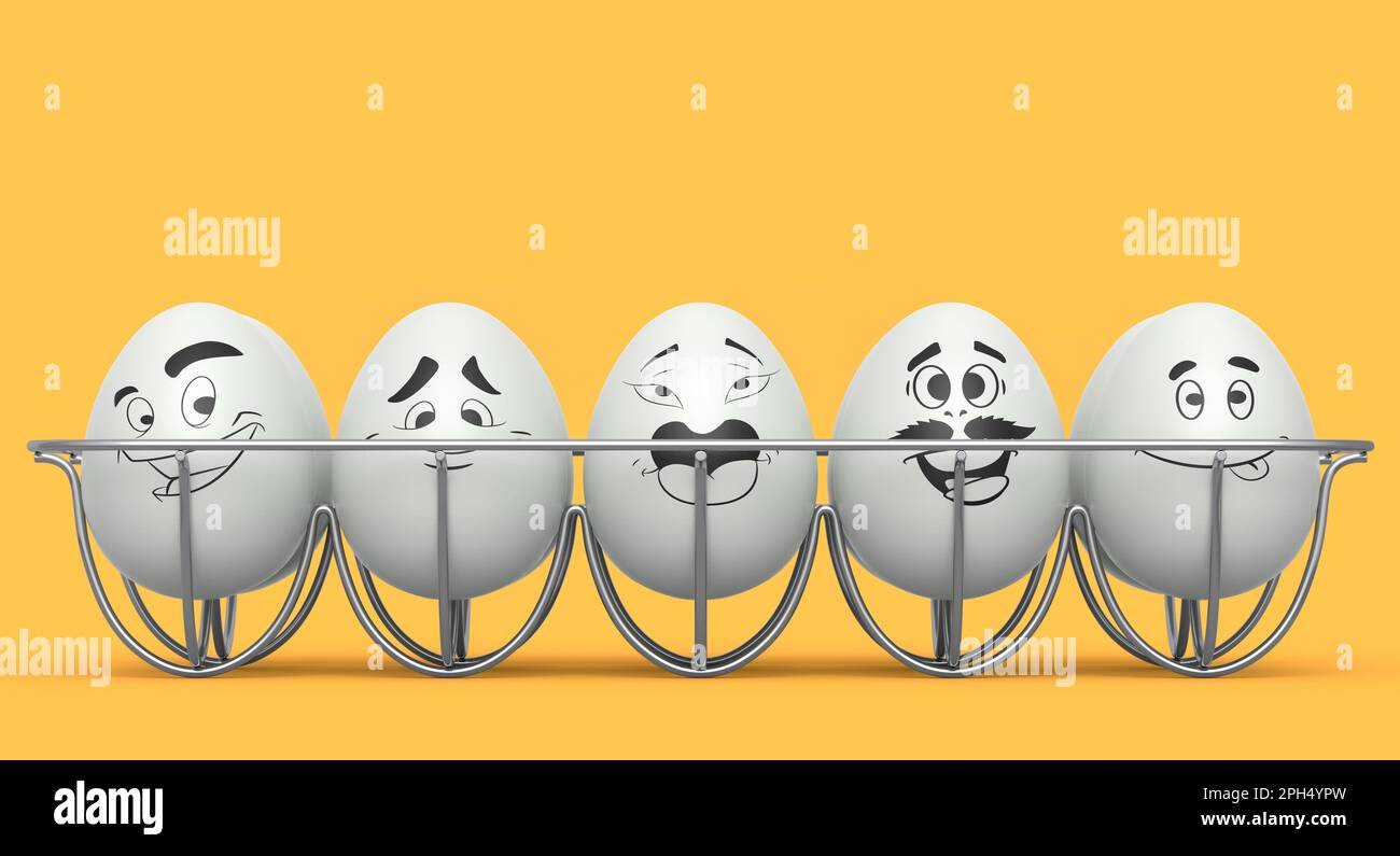 Farm white painted egg with expressions and funny face in metal wire ...