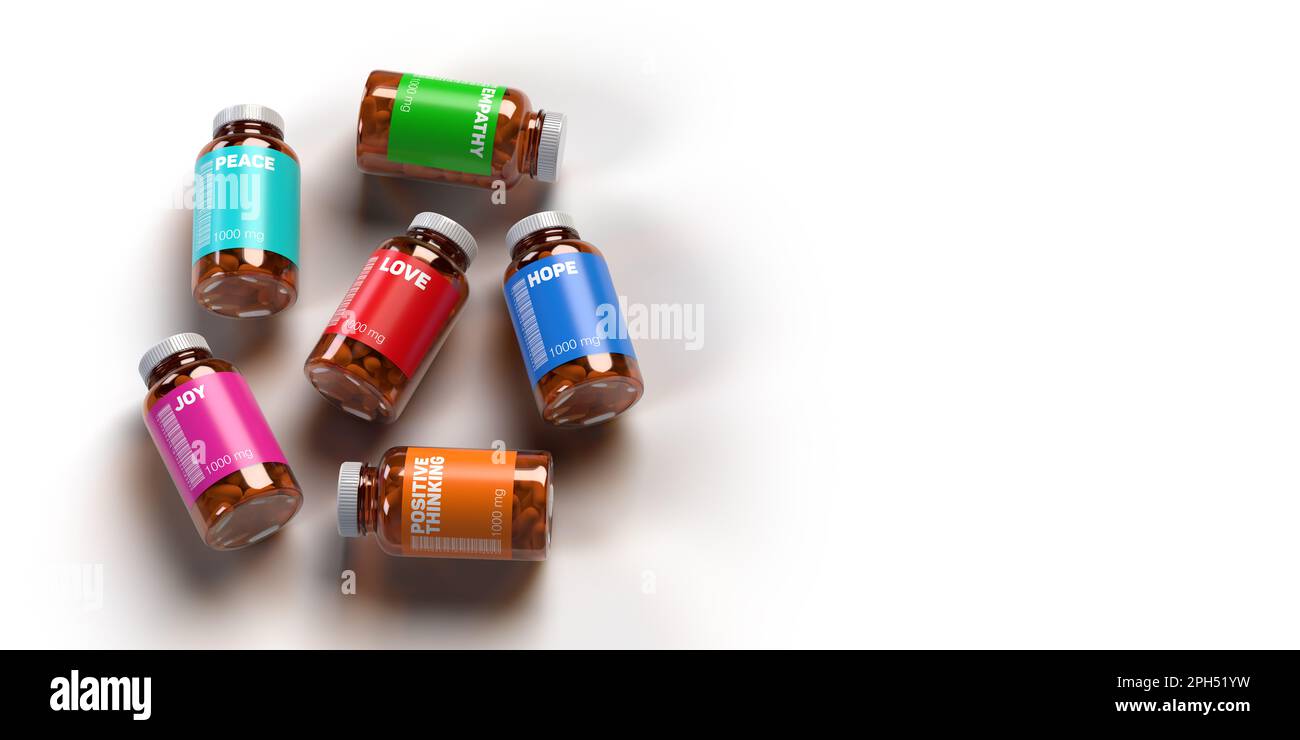 Top view, colorful medicine bottles with positive feelings text. White background, copy space, clipping path. Emotion based FAKE generated drug names Stock Photo