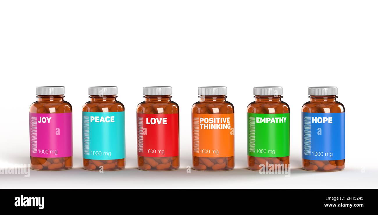 Colorful medicine bottles with positive feelings in a row on white