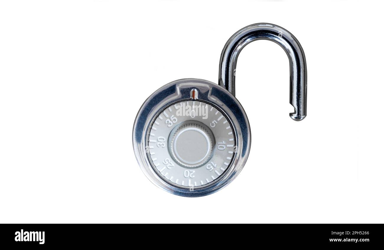 open number combination chrome steel padlock, isolated white background