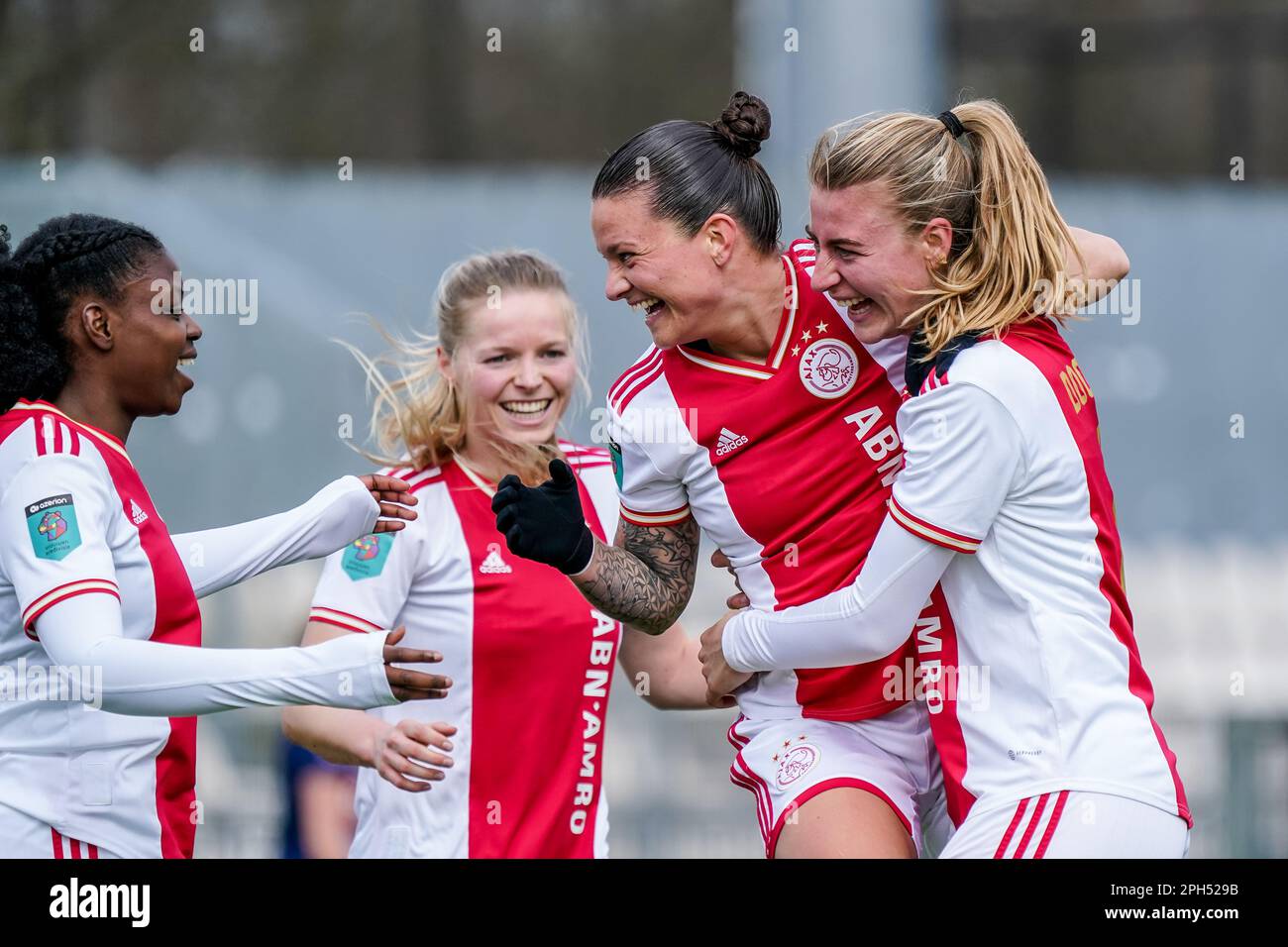 Amsterdam, Netherlands. 26th Mar, 2023. AMSTERDAM, NETHERLANDS - MARCH 26: Lisa Doorn of Ajax celebrates her second goal with Sherida Spitse of Ajax during the Azerion Eredivisie Vrouwen match between Ajax and vv Alkmaar at Sportcomplex De Toekomst on March 26, 2023 in Amsterdam, Netherlands (Photo by Jeroen Meuwsen/Orange Pictures) Credit: Orange Pics BV/Alamy Live News Stock Photo