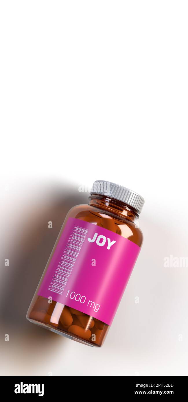 Pink JOY medicine pills in vial with barcode on white background, copy