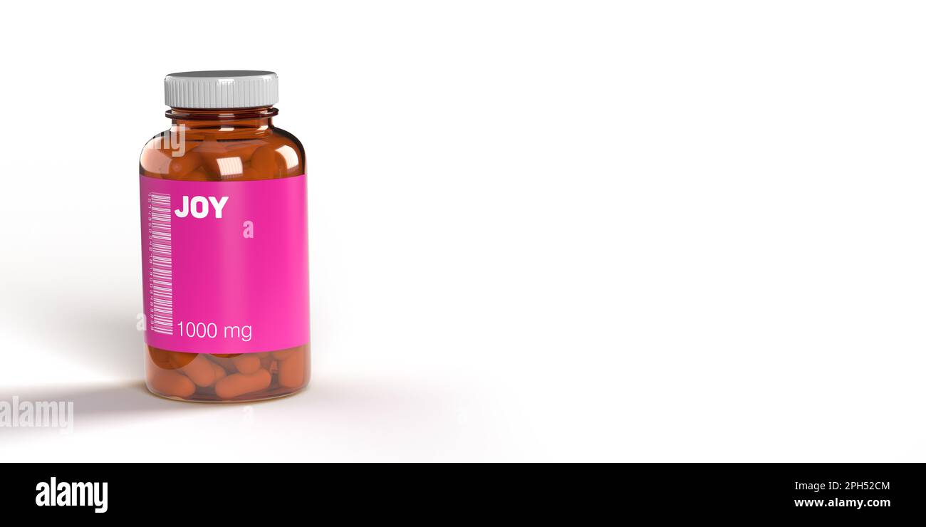 Pink JOY medicine pills in vial with barcode on white background, copy space, clipping path. Emotion based FAKE generated drug name concept. Stock Photo