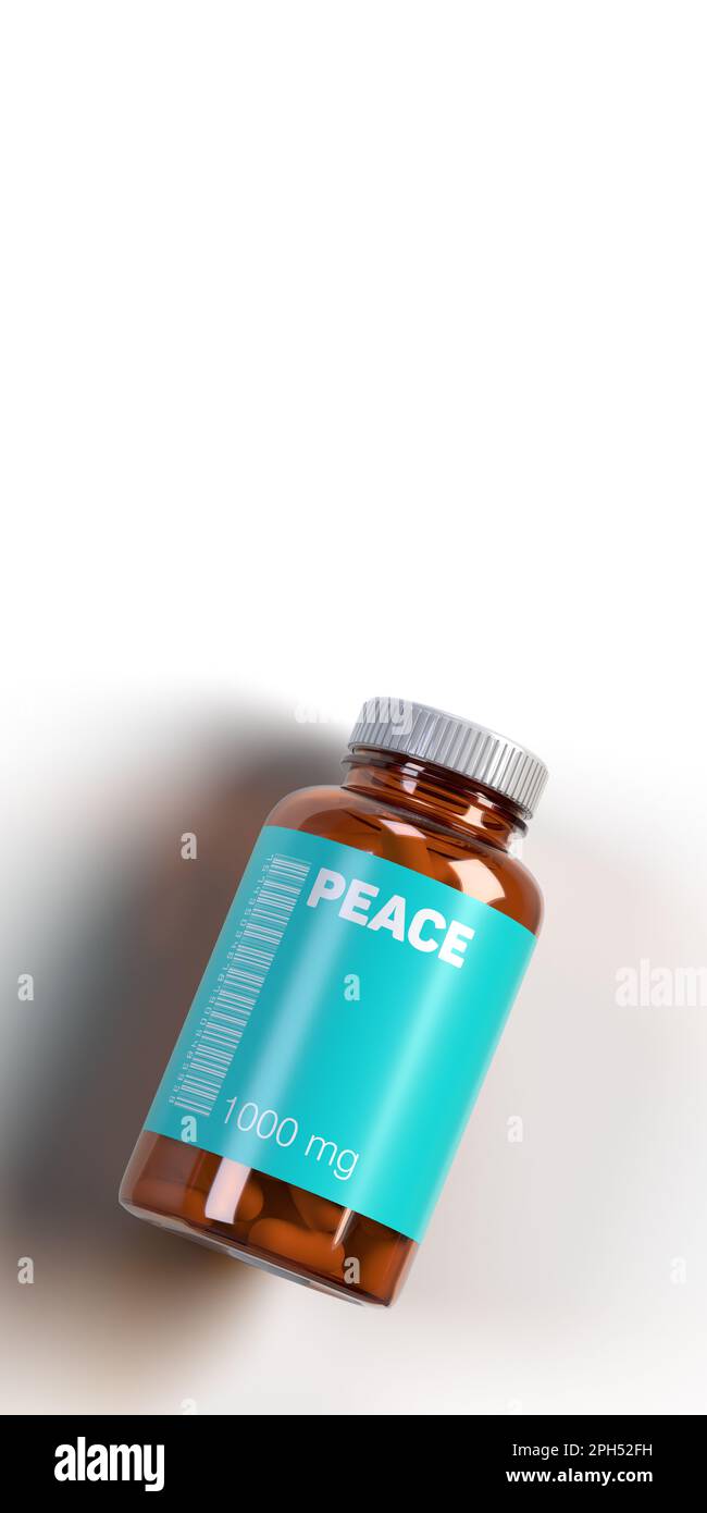 Turquoise PEACE medicine pills in vial with barcode on white background