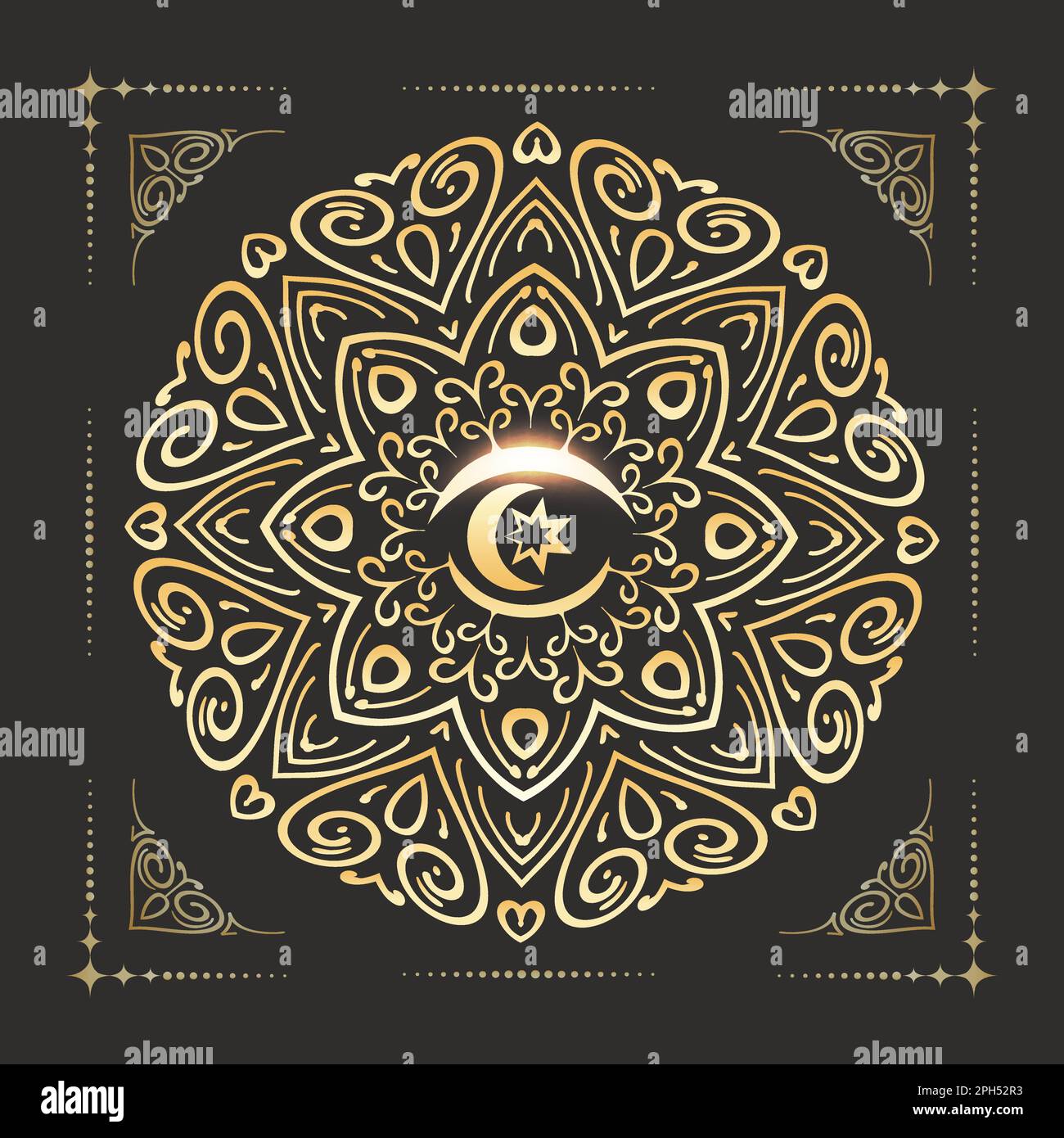 Golden Mandala ornament with Moon and Star Inside on Black Background. Vector illustration. Stock Vector