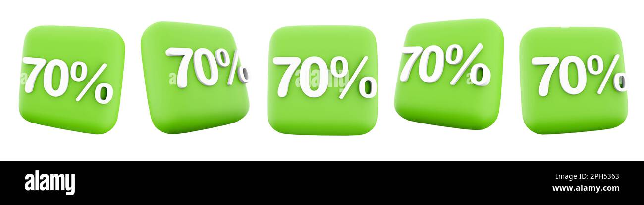 3d rendering 70 percent different positions icon set. 3d render store discounts icon set. 70 percent Stock Photo