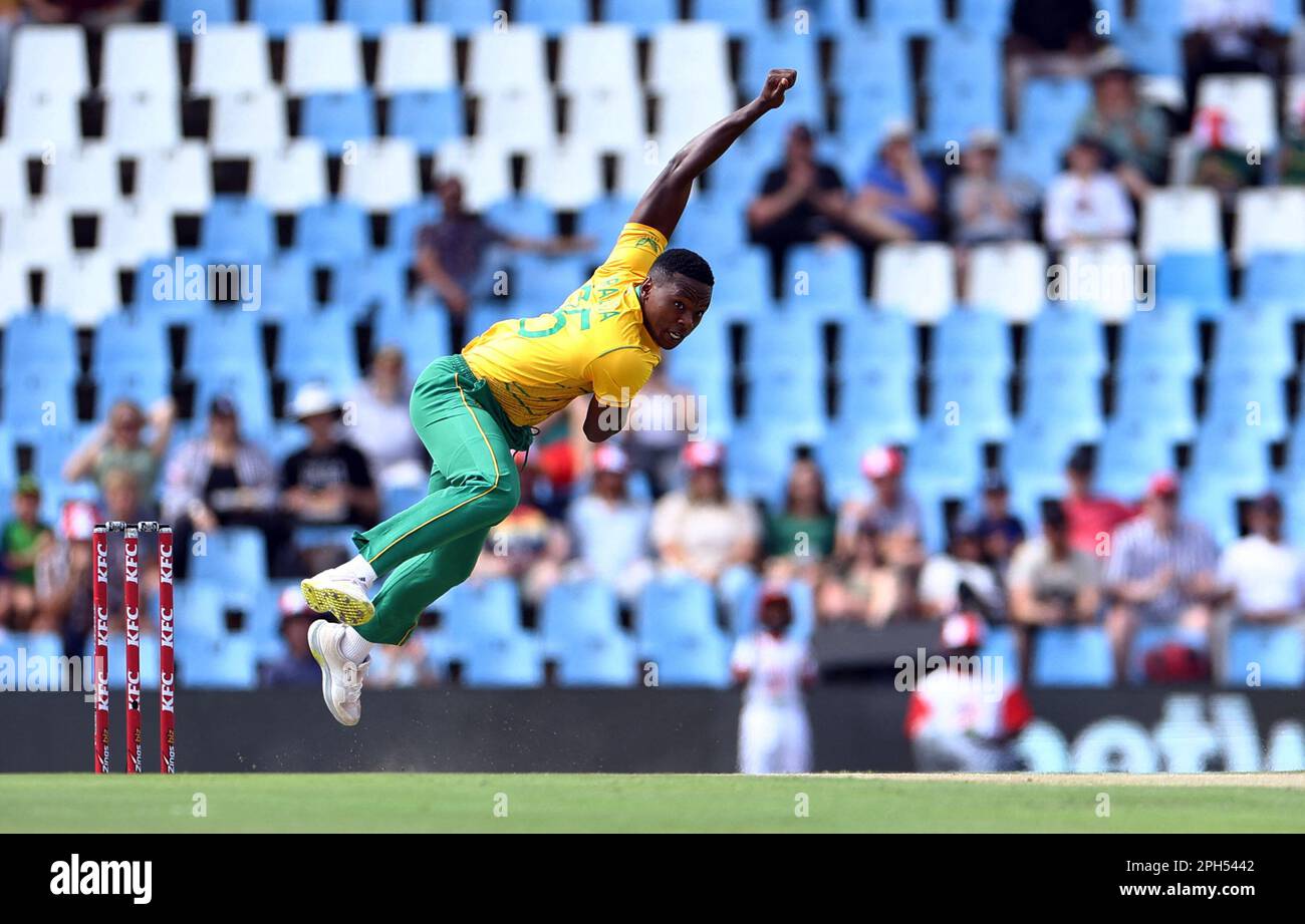 Cricket - Second Twenty20 - South Africa v West Indies - SuperSport Park Cricket Stadium, Centurion, South Africa - March 26, 2023  South Africa's Kagiso Rabada in action REUTERS/Siphiwe Sibeko Stock Photo