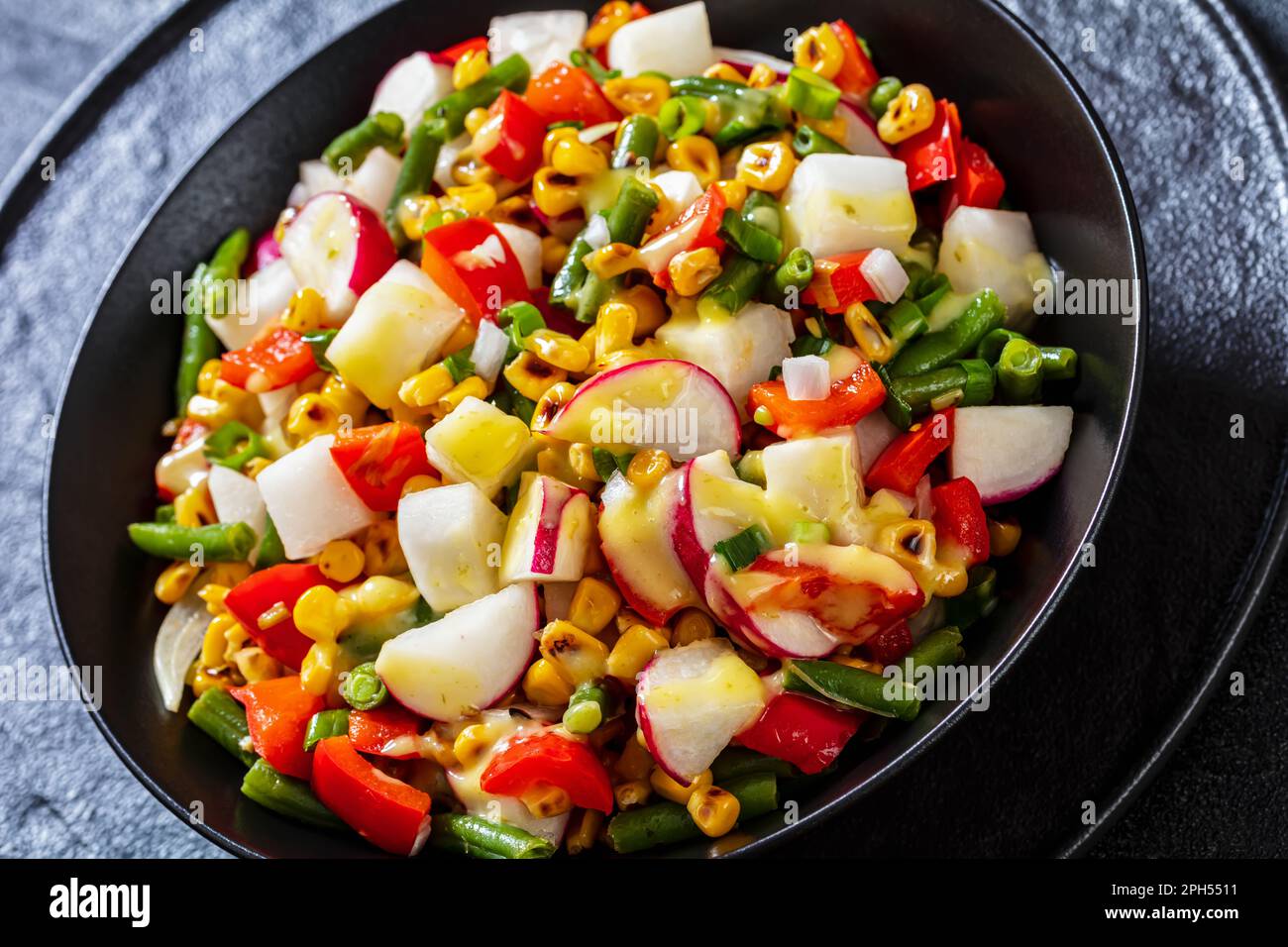 Charred Corn, Radish, Jicama, Red pepper and Green Bean Vegan Salad