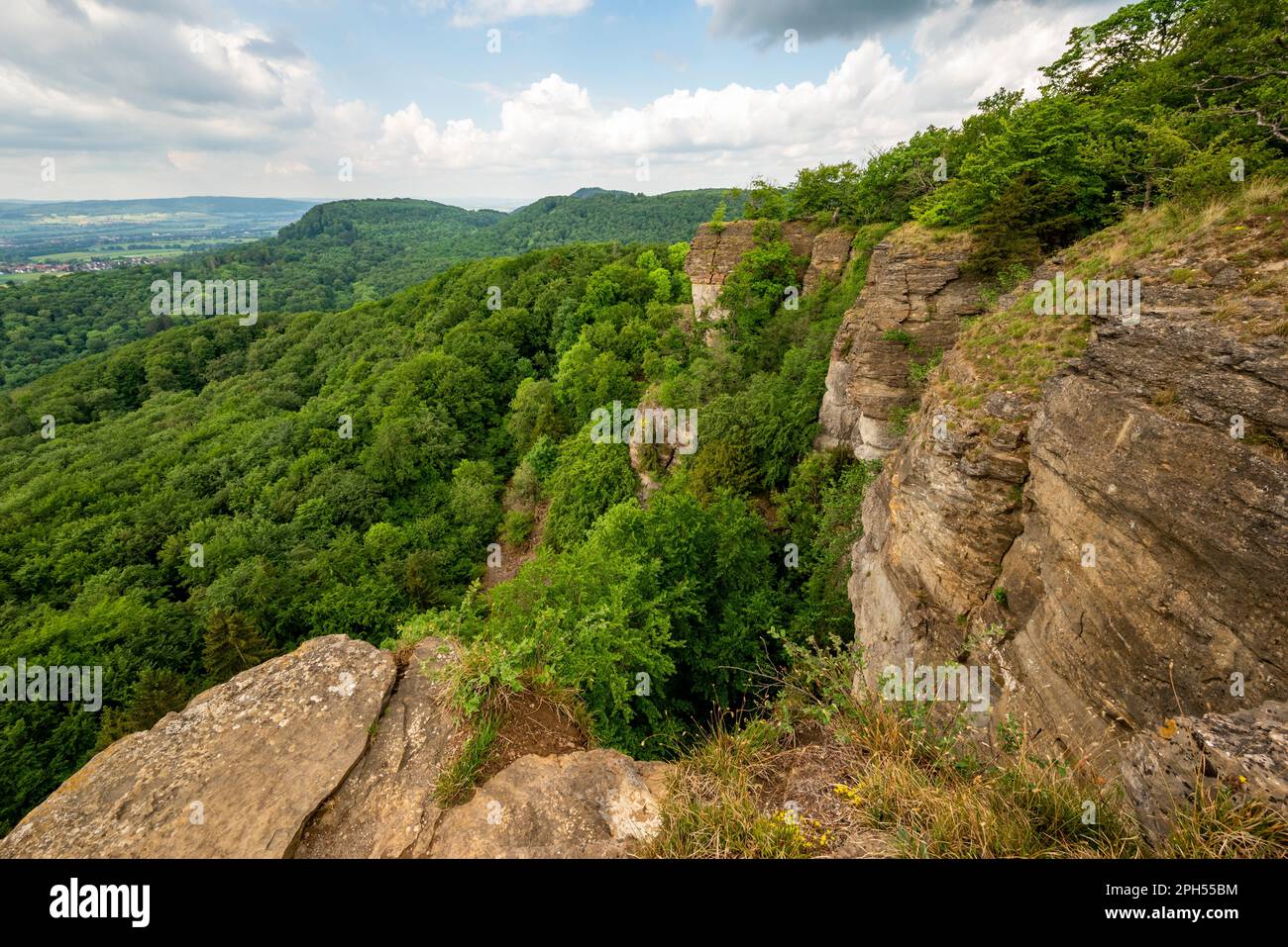 The impressive cliffs and crags of the Hohenstein rock plateau, Hohenstein Nature Reserve, Süntel, Weserbergland, Germany Stock Photo