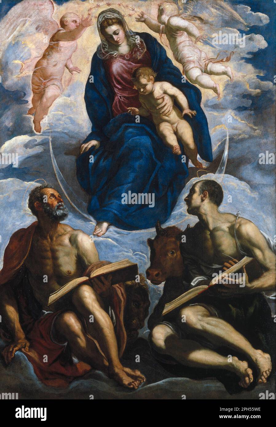 Mary with the Child, Venerated by St. Marc and St. Luke before 1570 by Jacopo Tintoretto Stock Photo
