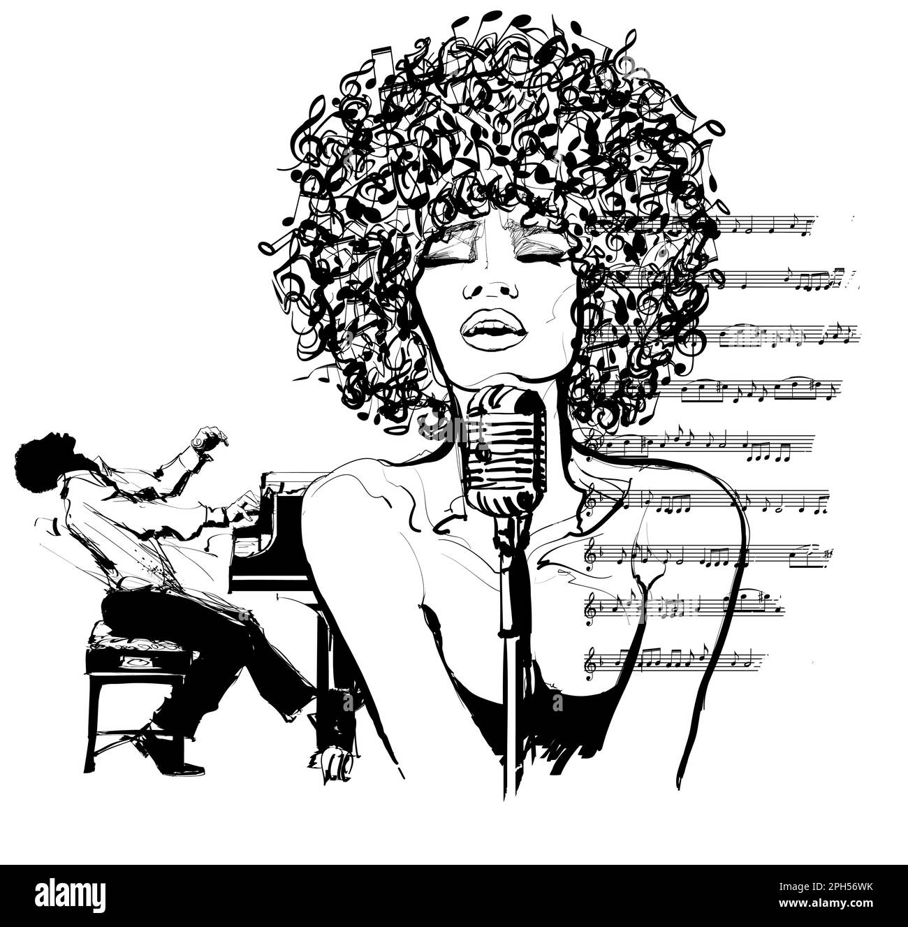 Jazz singer with microphone and pianist - vector illustration (Ideal for printing, poster or wallpaper, house decoration) Stock Vector