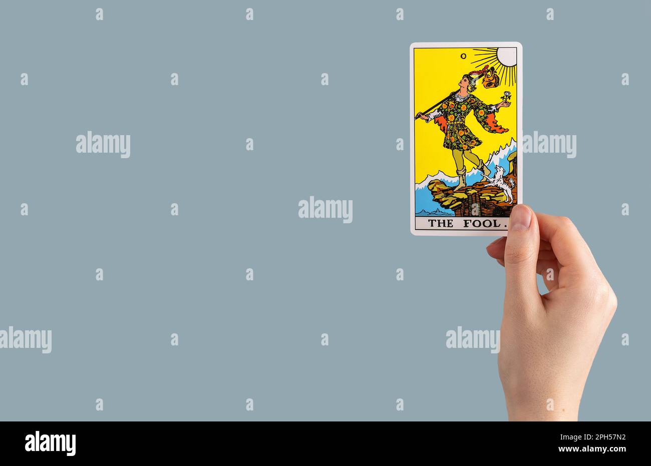 The Fool, tarot card in hand. Banner background with copy space for text. Stock Photo