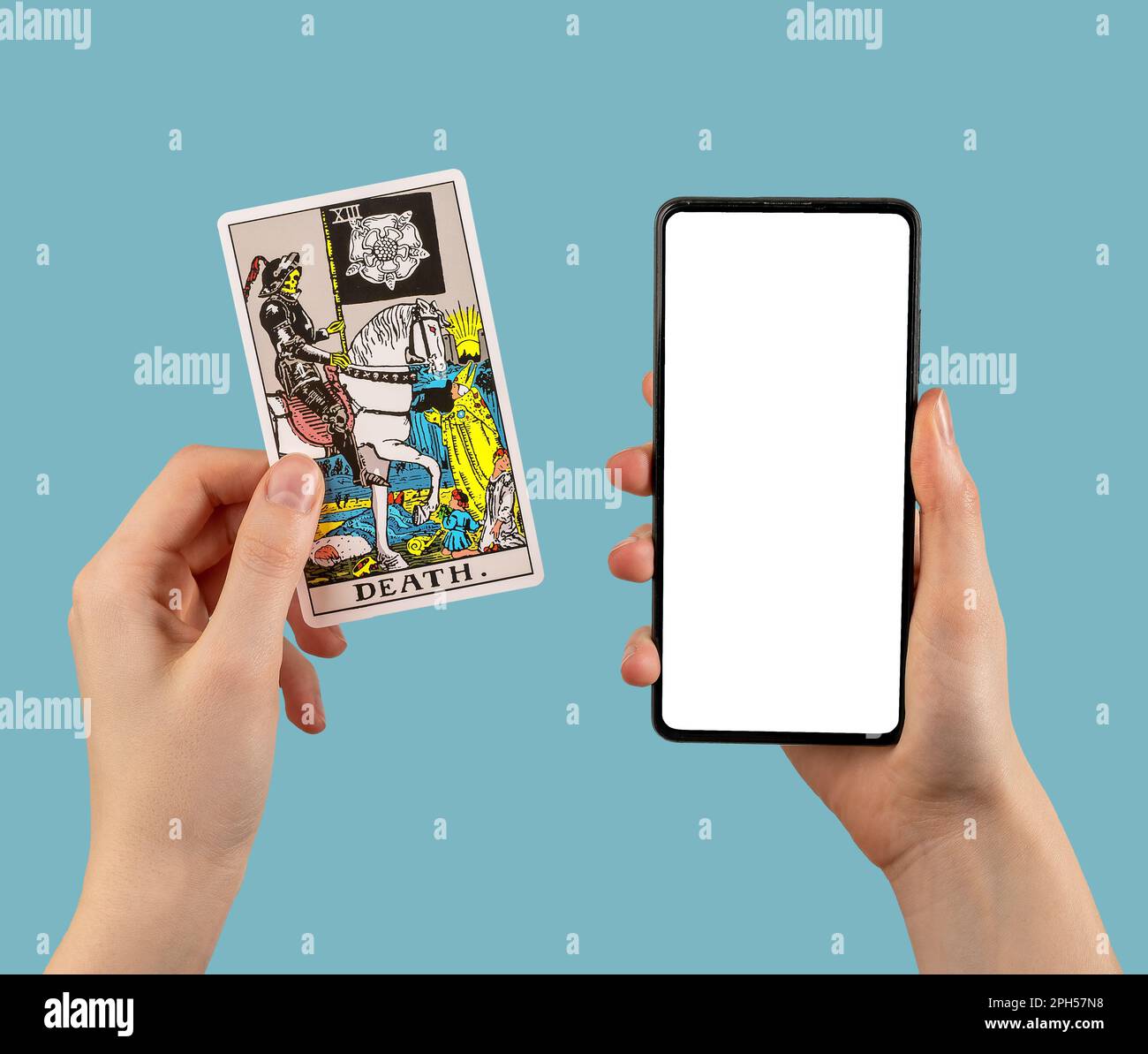 Tarot card Death and mobile phone mockup for divination application, prediction app ad. Stock Photo