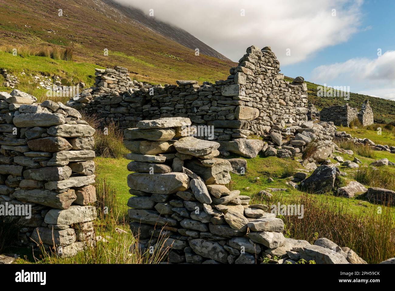 Ruins of the houses of Slievemore Deserted Village on Achill Island