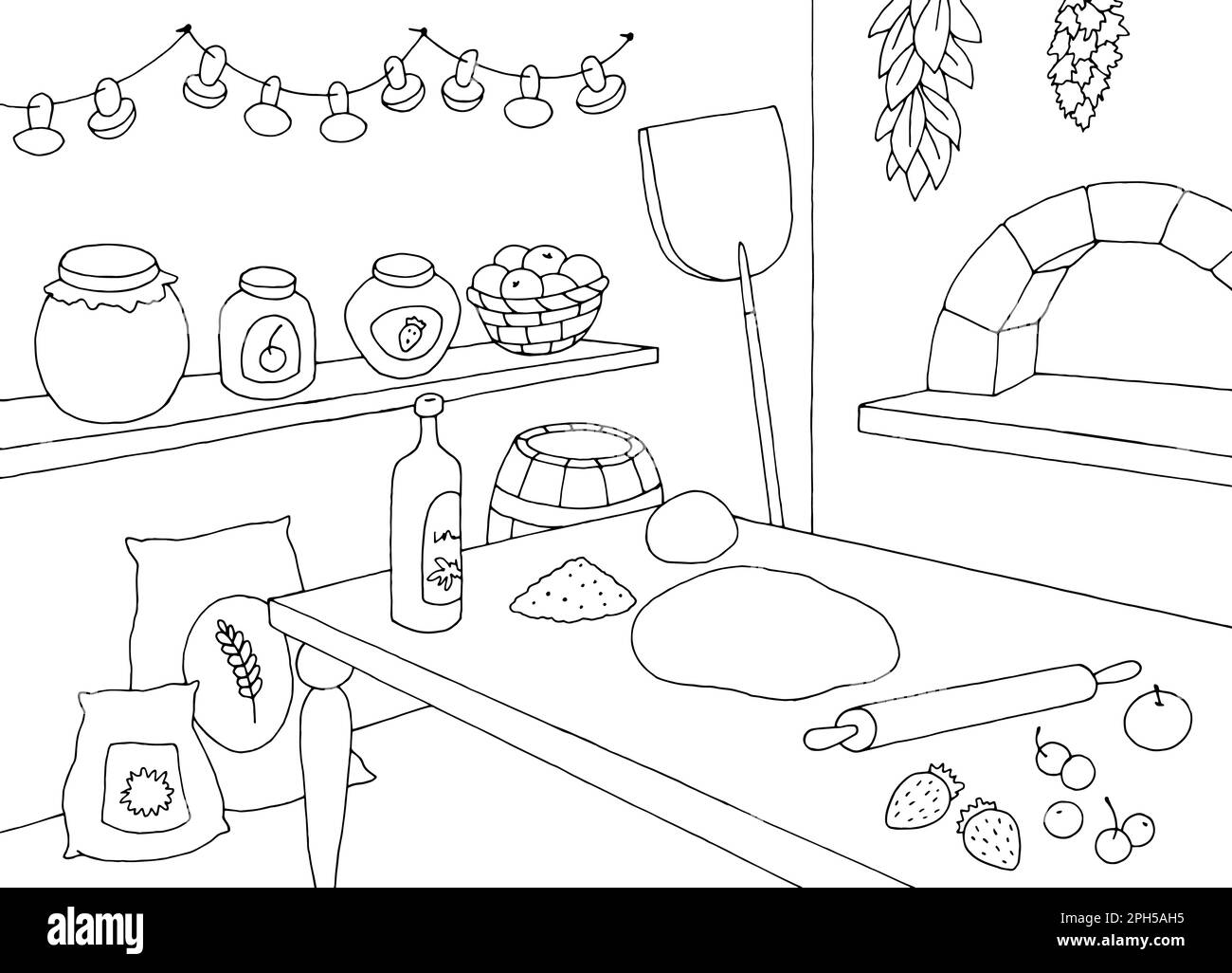 Bakery kitchen interior graphic black white sketch illustration vector Stock Vector