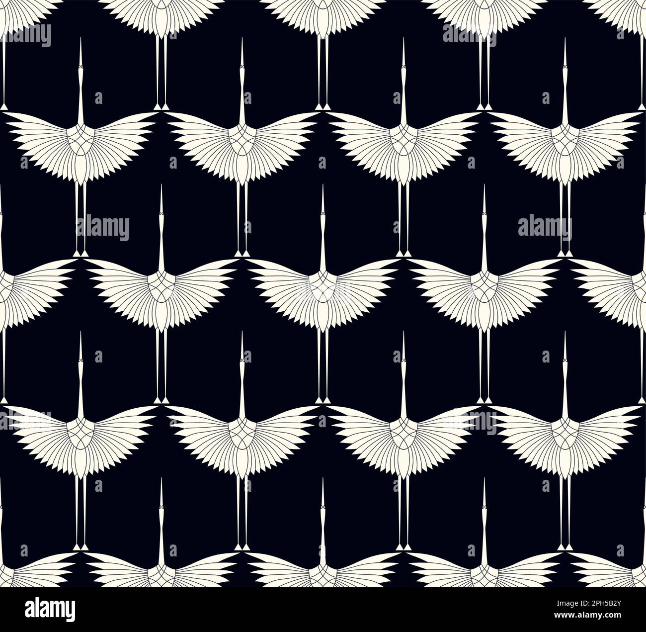 Herons in Art Deco style. Seamless Pattern for interior decoration, textiles. Fashionable home decor. Vector illustration texture isolated on black Stock Vector