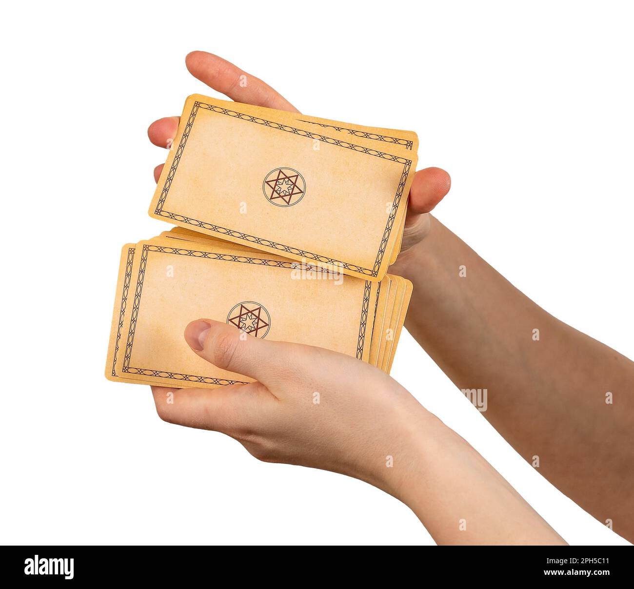 hands shuffling, mixing tarot cards isolated on white background Stock